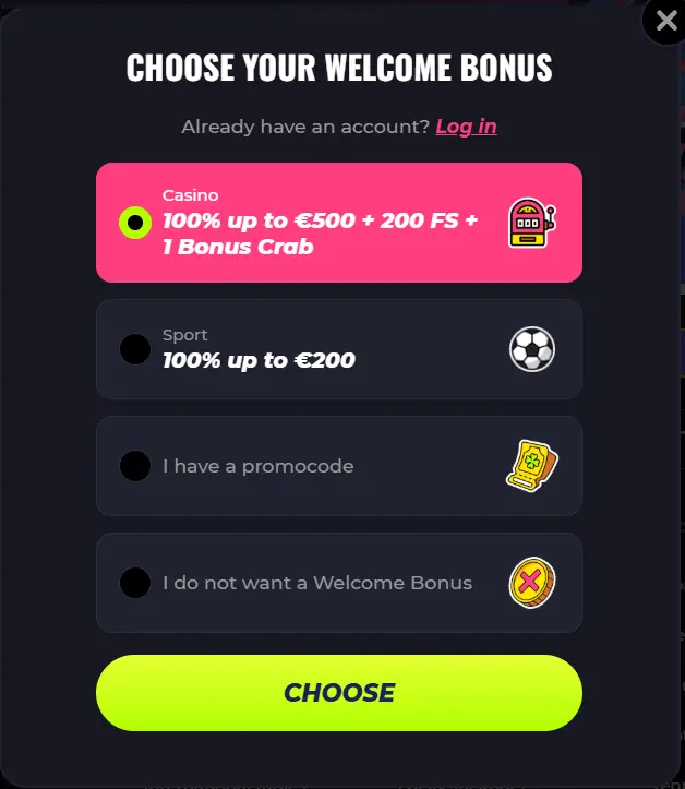 'Choose your welcome bonus' form in Lunubet Casino