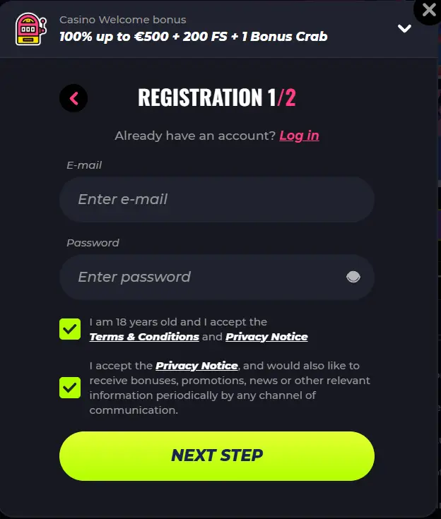 Registration - step 1